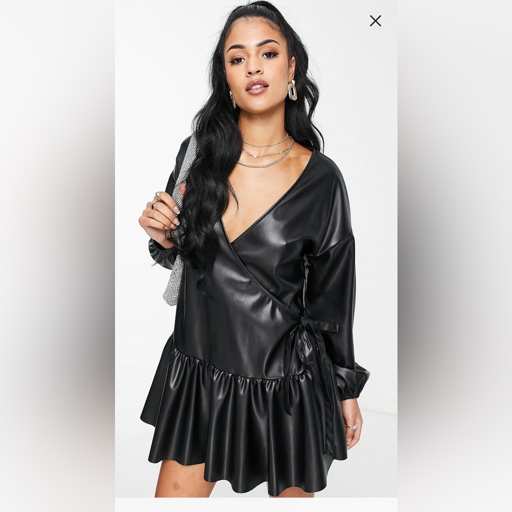 Preloved leather look wrap front mini smock dress in black